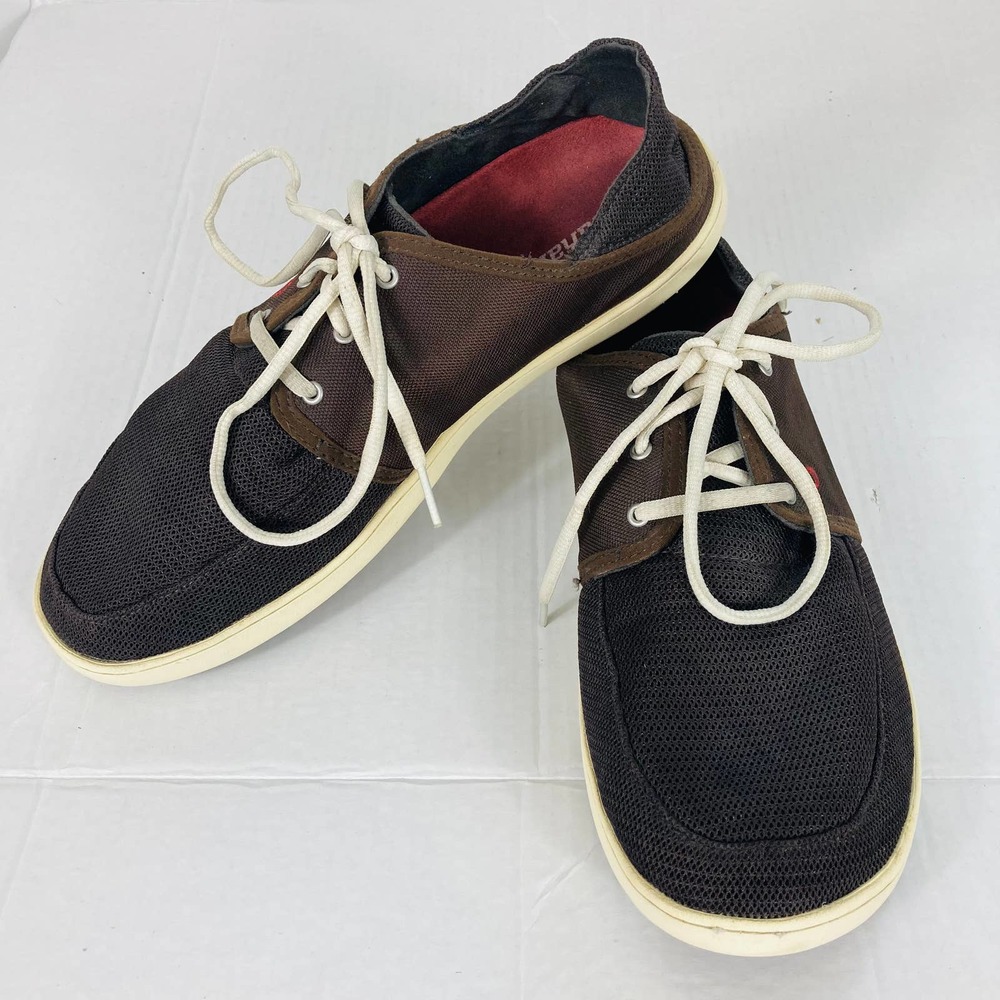 Olukai Mens Siz 11 Nohea Lace Up Mesh Casual Shoes Brown Drop In Heel Slip On